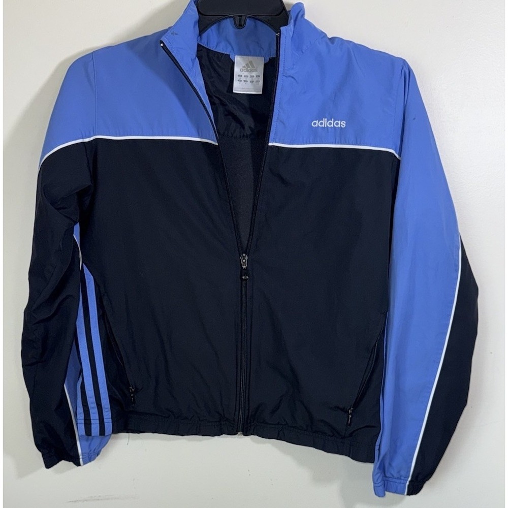 adidas Womens Blue Black Track Jacket M Full Zip Knit Activewear Blokecore